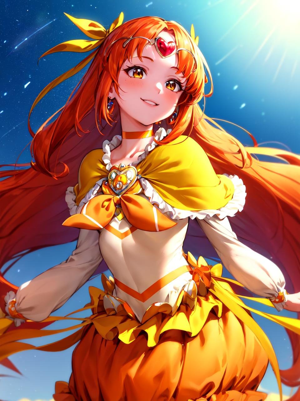 masterpiece, best quality, looking_at_viewer, depth_of_field, cowboy shot, 1girl, <lora:locon_cure_muse_01_release:0.9>, cure muse, orange hair, hair ribbon, yellow choker, jewelry, brooch, capelet, tiara,smile, standing, gradient background, 