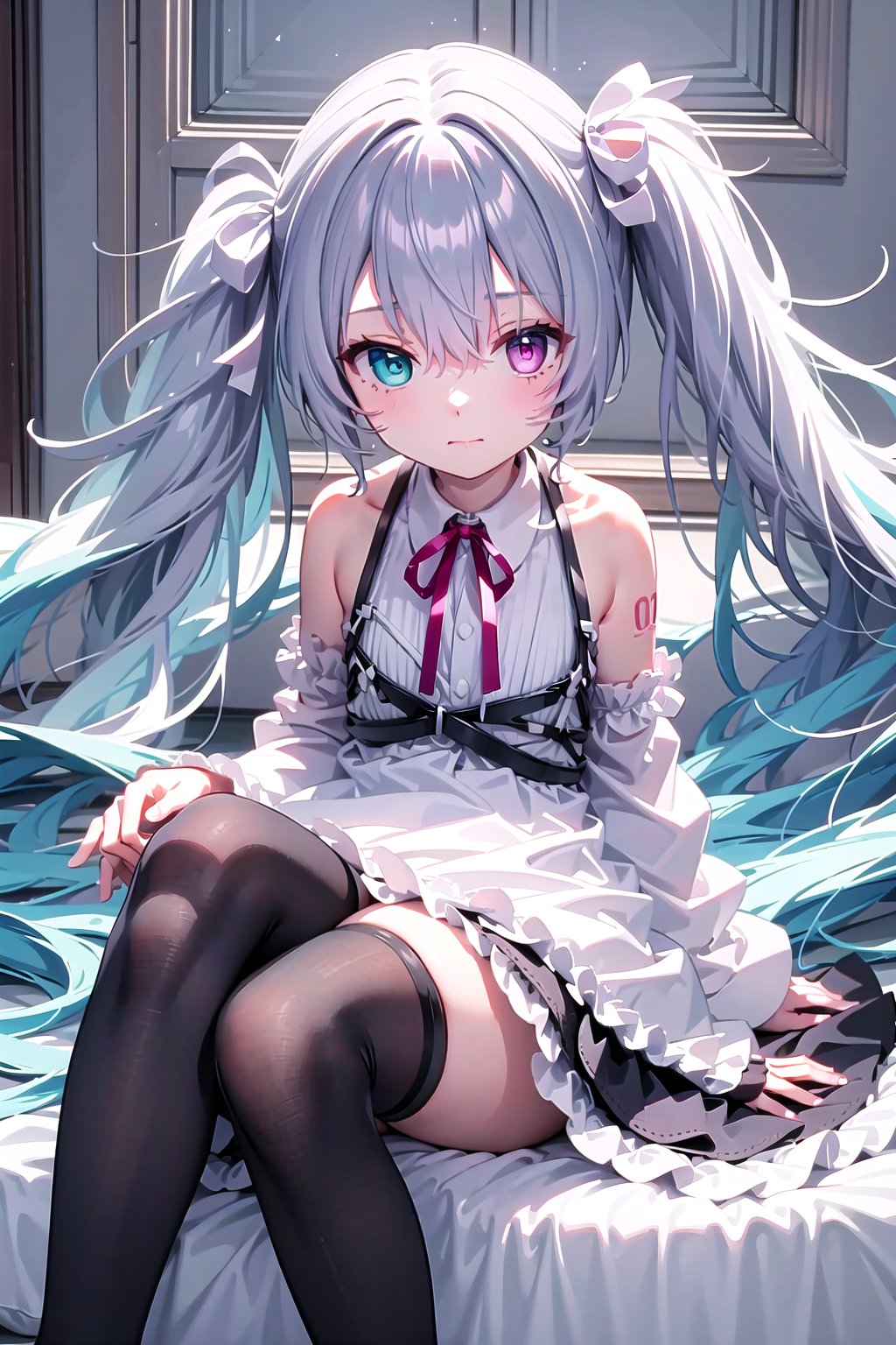 1girl, solo, hatsune_miku, long_hair, thighhighs, ribbon, twintails, detached_sleeves, heterochromia, very_long_hair, sitting, looking_at_viewer, black_thighhighs, dress, frills, neck_ribbon, bare_shoulders, white_dress, frilled_sleeves, frilled_dress, hair_ribbon, red_ribbon, white_sleeves, grey_hair, chest_harness, bangs, long_sleeves, closed_mouth, harness, sleeveless, hair_between_eyes, skirt, feet_out_of_frame,25ji_miku,aqua_eyes,pink_eyes<lora:EMS-446680-EMS:1.000000>