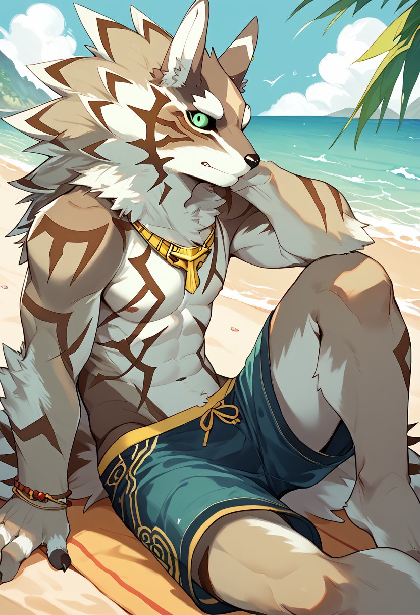 score_9, score_8_up, score_7_up, high quality, hires, solo, seth, housamo, tokyo afterschool summoners, furry, green eyes, boxers pull, shu, looking at viewer, beach, <lora:Seth_TAS_Housamo:1>