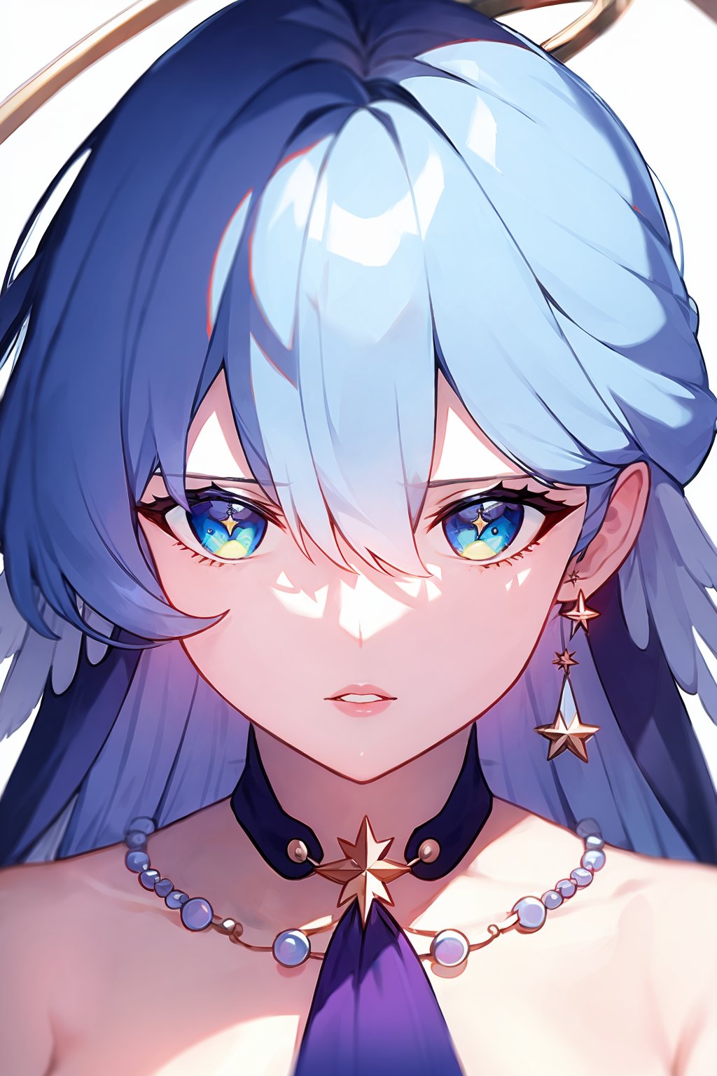 masterpiece, best quality,  <lora:robin:1>,1girl, solo, blue hair, long hair, jewelry, blue eyes, looking at viewer, earrings, parted lips, bangs, portrait, white background, bare shoulders, floating hair, virtual youtuber, head wings, necklace, star (symbol), collarbone, hair between eyes