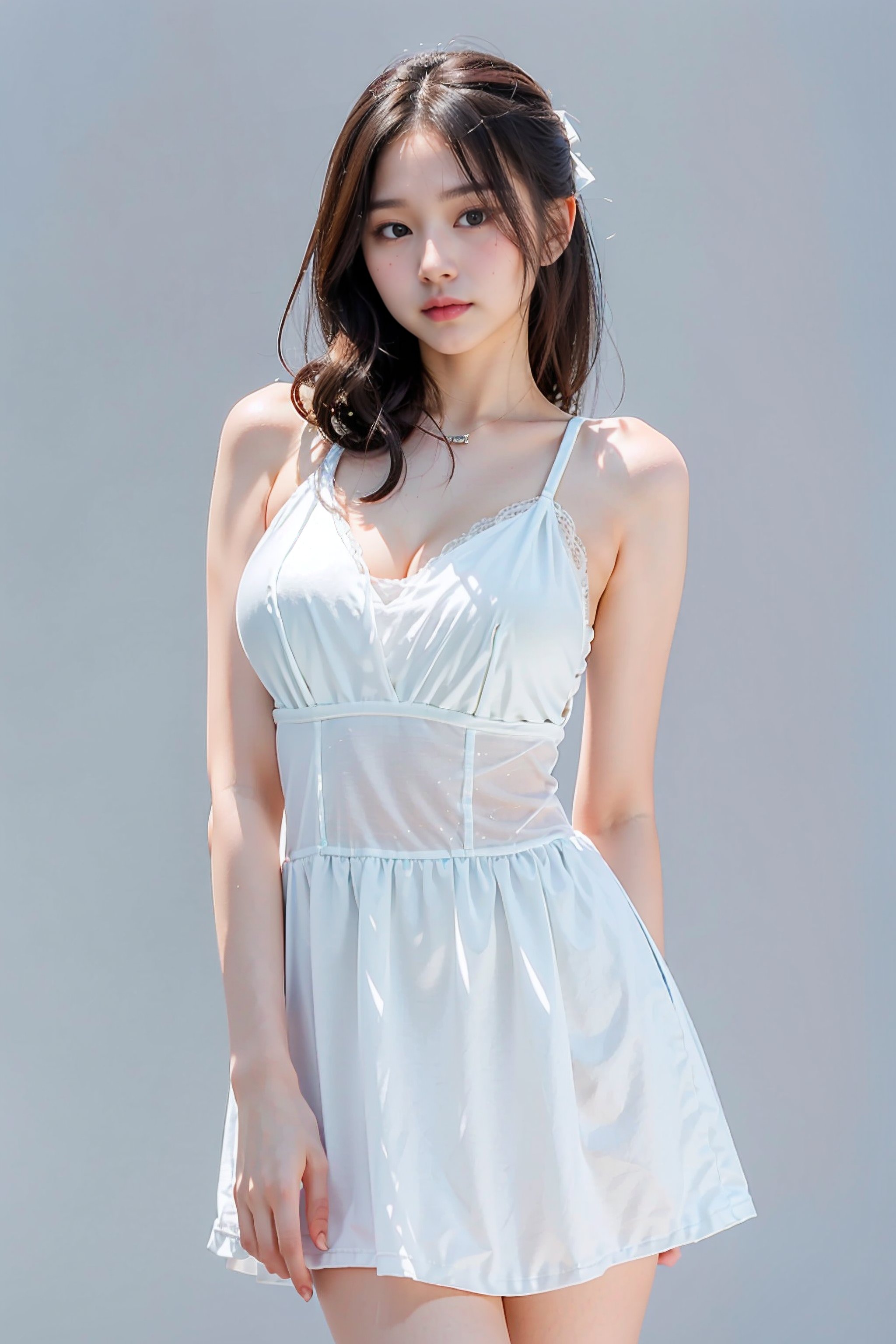 realistic, realistic details, detailed, (((1 girl, cute, delicate, beautiful, slender, petite, large breast, portrait, standing, simple background, looking at viewer, from front))),  (ulzzang-6500-v1.1:0.1)   <lora:C_Gebian_v1:0.8>