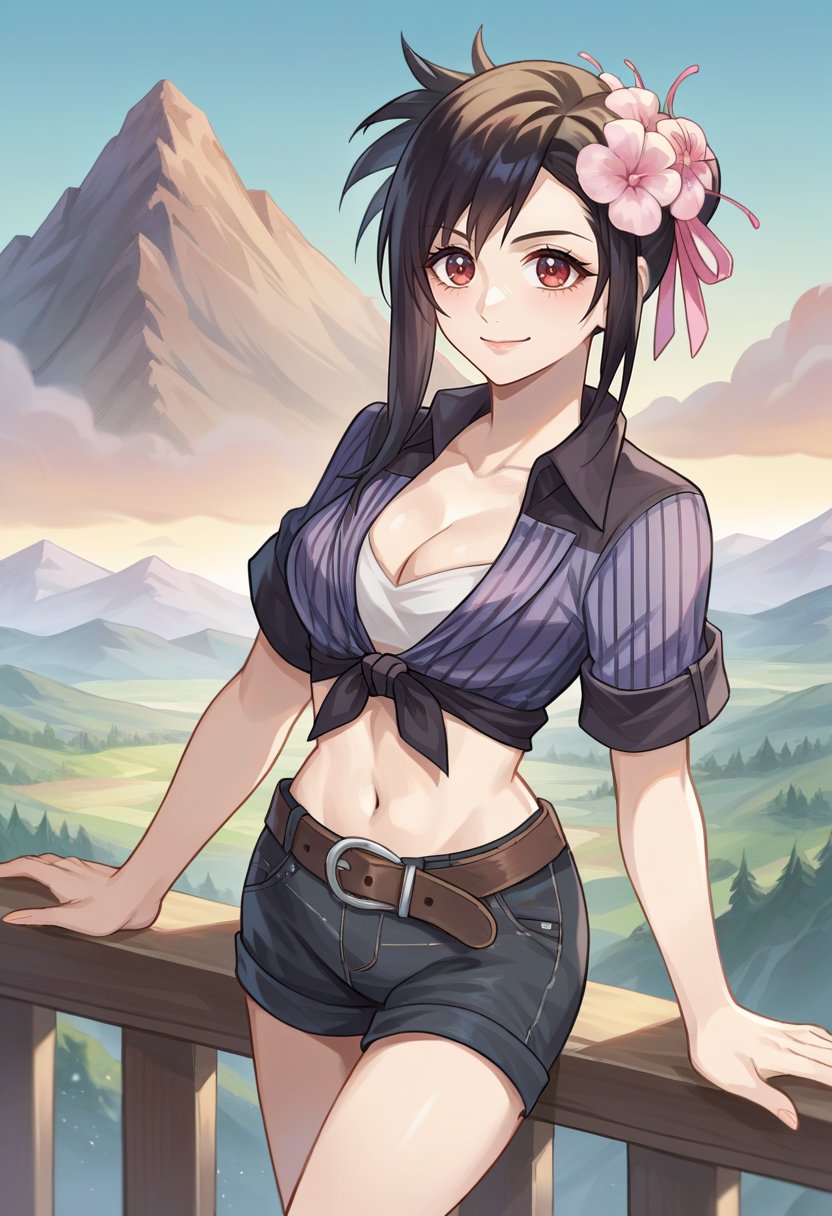 score_9, score_6_up, source_anime, 1girl, solo, valley, mountain, tifa_majesticglamour, ponytail, sidelocks, striped shirt, tied shirt, cleavage, black shorts, belt, hair flower, pink flower, light smile <lora:tifaXL:0.9>