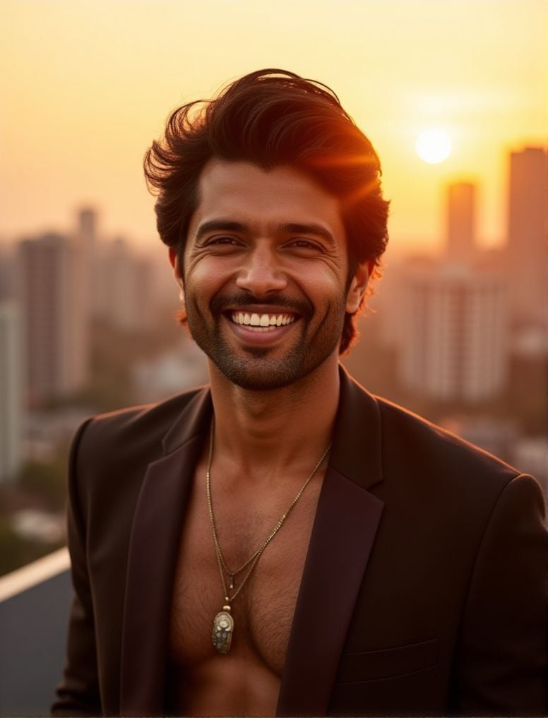Vijay Devarakonda ,  In the heart of a bustling city,  under the soft glow of a golden hour sunset by HottiesnHotties on T...