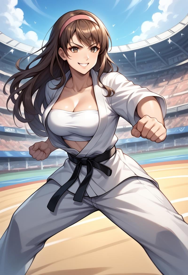 score_9, score_8_up, score_7_up, score_6_up, source_anime, BREAK masterpiece,  <lora:HitomiDOA:1>, HitomiDOA, brown hair, dougi, open clothes, pink hairband, white tube top, martial arts belt, smile, stadium, fighting stance, black belt, long hair, breasts, 