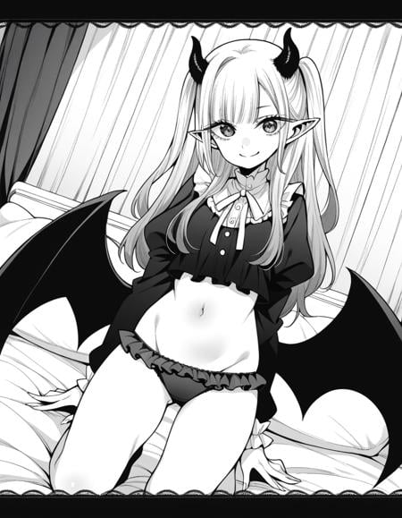 score_9, score_8_up, score_7_up, source_anime,marinkitagawa, <lora:marin-kitagawa-manga-ponyxl-lora-nochekaiser:1>,marin kitagawa, long hair, bangs, monochrome, greyscale,shirt, long sleeves, navel, underwear, panties, frills, wings, horns, pointy ears, midriff, puffy sleeves, blunt bangs, stomach, two side up, cosplay, demon girl, demon horns, white ribbon, black wings, demon wings, frilled shirt, frilled panties,indoors, bed, bed room, kneeling, smile,looking at viewer, cowboy shot, dutch angle, solo,