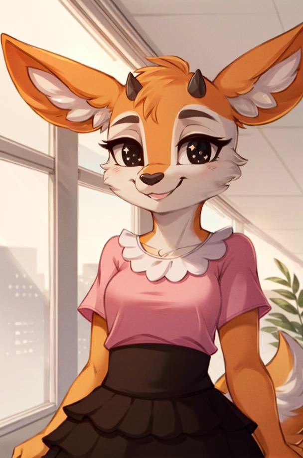 1girl, (anthro furry:1.2), TsunodaCzar, (two-toned fur, orange fur, black eyes, deer ears, horns, snout), (pink blouse, black skirt, smiling), (interior, office), (masterpiece:1.2), hires, ultra-high resolution, 8K, high quality, (sharp focus:1.2), clean, crisp, cinematic, <lora:Tsunoda-10:1>