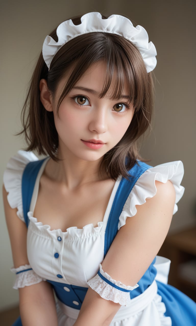 score_9, score_8_up, score_7_up,score_6_up, score_5_up, score_4_up, realistic, low light, depth of field,detailed face eyes and skin, BREAK, 1girl, brown eyes, brown hair, (cute)1.2, looking at viewer, frilled dress, classic maid