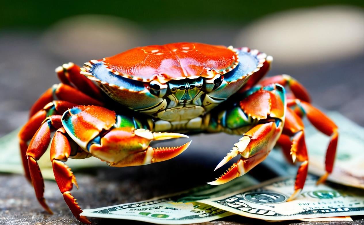 (macro photo), a cash crab, grabbing a dollor bill, colorful