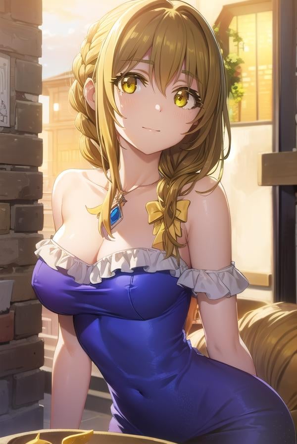 guildgirl, <lora:guild girl s2-lora-nochekaiser:1>,guild girl, long hair, brown hair, (yellow eyes:1.5), braid, single braid, smile,BREAK dress, cleavage, bare shoulders, jewelry, collarbone, necklace, strapless, blue dress, strapless dress, purple dress,BREAK outdoors, city, sky, night, starry sky, moon,BREAK looking at viewer, (cowboy shot:1.5),BREAK <lyco:GoodHands-beta2:1>, (masterpiece:1.2), best quality, high resolution, unity 8k wallpaper, (illustration:0.8), (beautiful detailed eyes:1.6), extremely detailed face, perfect lighting, extremely detailed CG, (perfect hands, perfect anatomy),