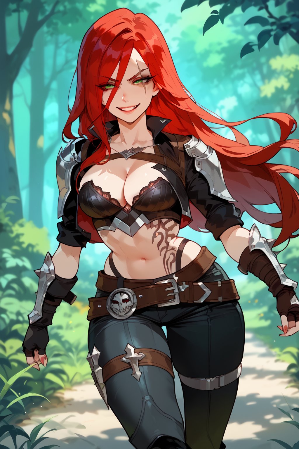 score_9, score_8_up, score_7_up, score_6_up, score_5_up, score_4_up, source_anime, katarinaxl, 1girl, red hair, long hair, green eyes, scar across eye, looking at viewere, evil smile, navel, tattoo, (cropped jacket, armor, belt, black pants, cleavage, fingerless gloves, midriff, boots), forest /(place)/, (blurred background:1.1), outdoors, walking, dynamic angle, floox style, tag1, tag2<lora:EMS-382871-EMS:0.400000>, <lora:EMS-351266-EMS:0.800000>, <lora:EMS-456772-EMS:1.000000>