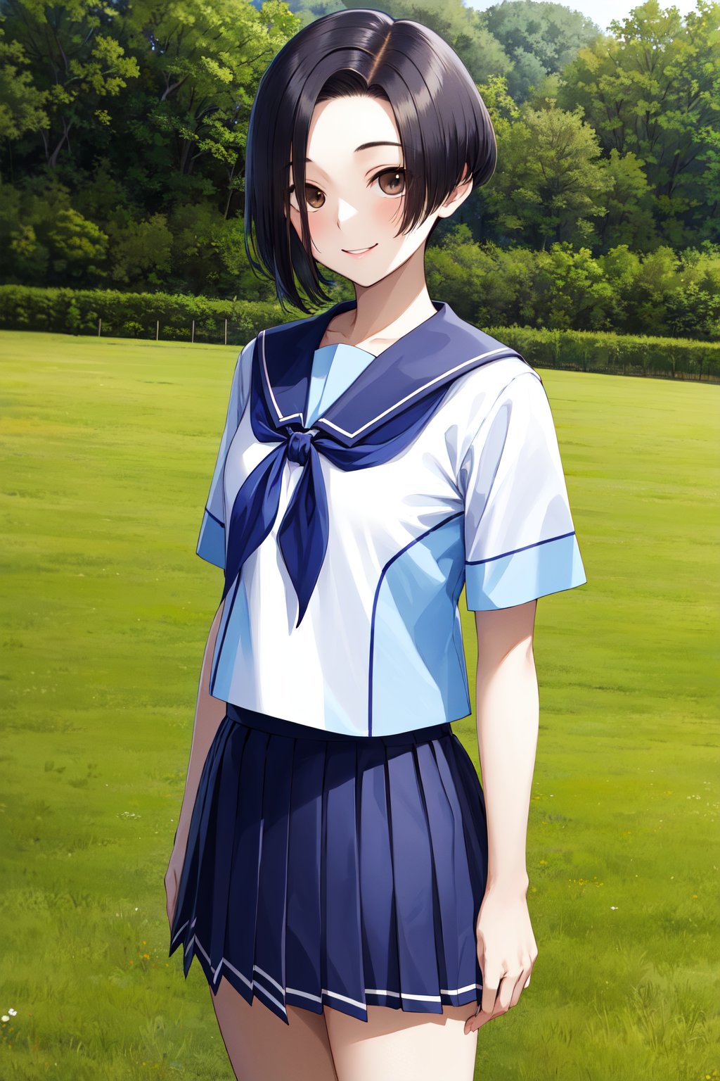 masterpiece, best quality, highres, aarinko, short hair, black hair, bob cut, serafuku, sailor collar, blue neckerchief, white shirt, short sleeves, pleated skirt, blue skirt, <lora:kobayakawa_rinko_v1:0.7>, standing, cowboy shot, outdoors, smile