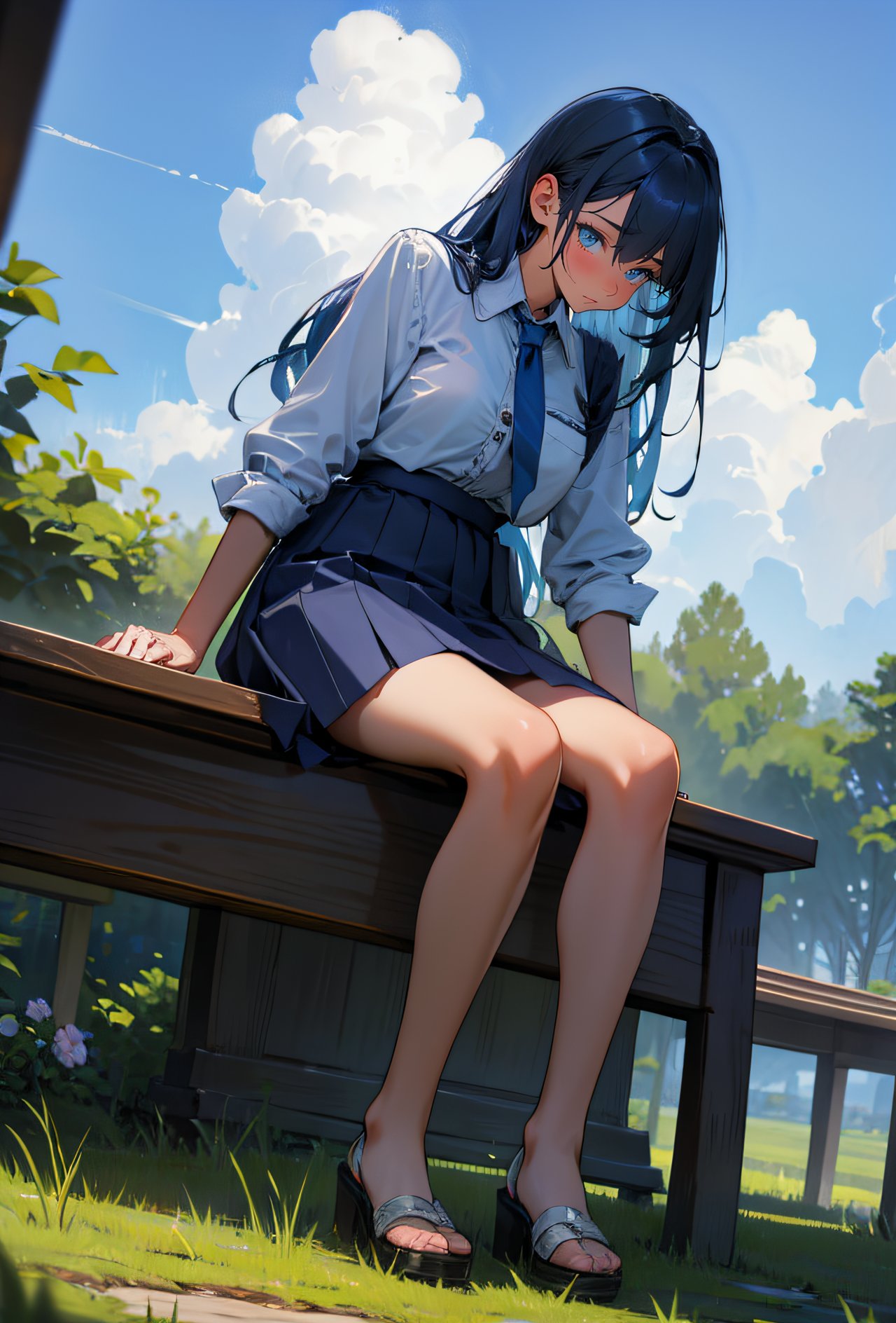 full body portrait, female focus, BREAK, 1girl, long hair, dark blue hair, blushing, BREAK, dark blue skirt, white shirt, BREAK, shamed, stressed, sitting, BREAK, green field, cloudy sky, wooden bench, (masterpiece, best quality, hires, high quality, by professional artist, ultra detailed, extremely detailed, absurdres, incredibly resolution:1.2), good hands, perfect hands, <lora:GoodHands-beta2:1>