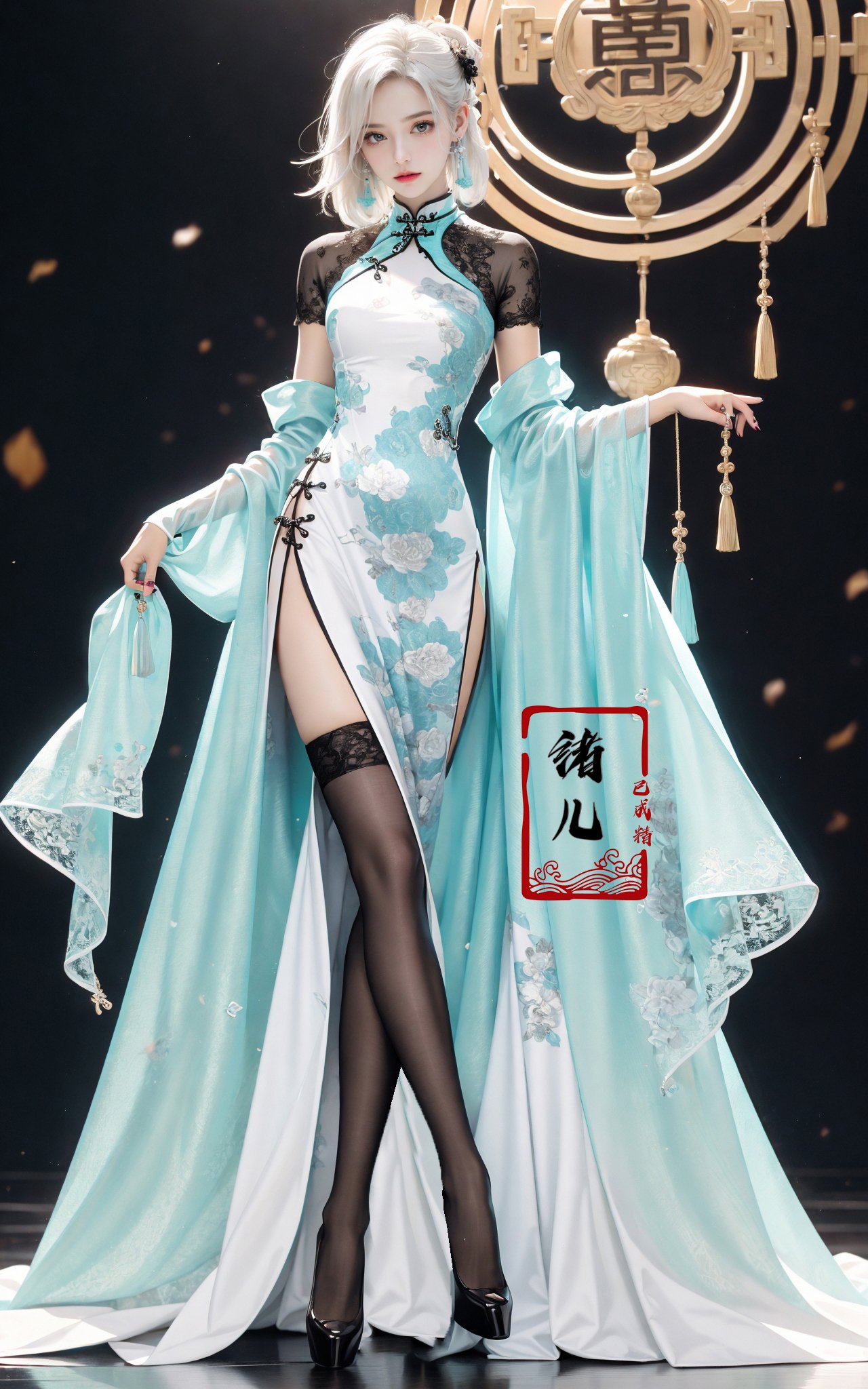 Black background,Fashion cheongsam，nail polish，lace trim，gradient，contrapposto，cyan long dress，lace，red lips， (full body:0.7), white thighhighs,white hair，crossed legs，<lora:Fashion cheongsam_20231207093219:0.7>