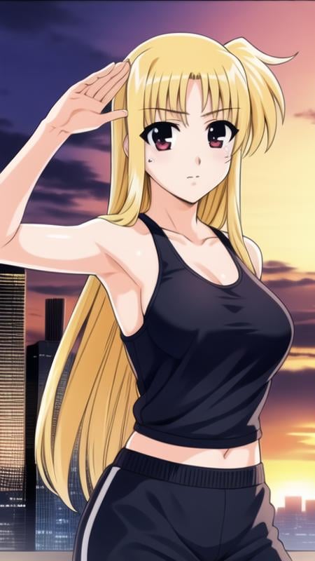 fate testarossa, 1girl, close-up, tank top, sweatpants, salute, city, skyscraper, sunset, <lora:nanoha-strikers-fate-testarossa:0.8>