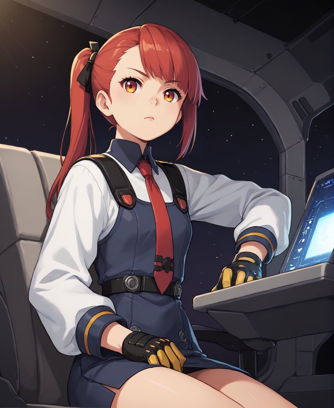 score_9, score_8_up, score_7_up, score_6_up, source anime, 1girl, solo, cockpit, spaceship, space, science fiction, dark background, piloting, cyberpunk, serious, (spacesuit:0.4), (military uniform:0.5), long sleeves, gloves, dress, sitting, side ponytail, red_hair, amber eyes, hair ribbon, tie, straight-on, from below, particles