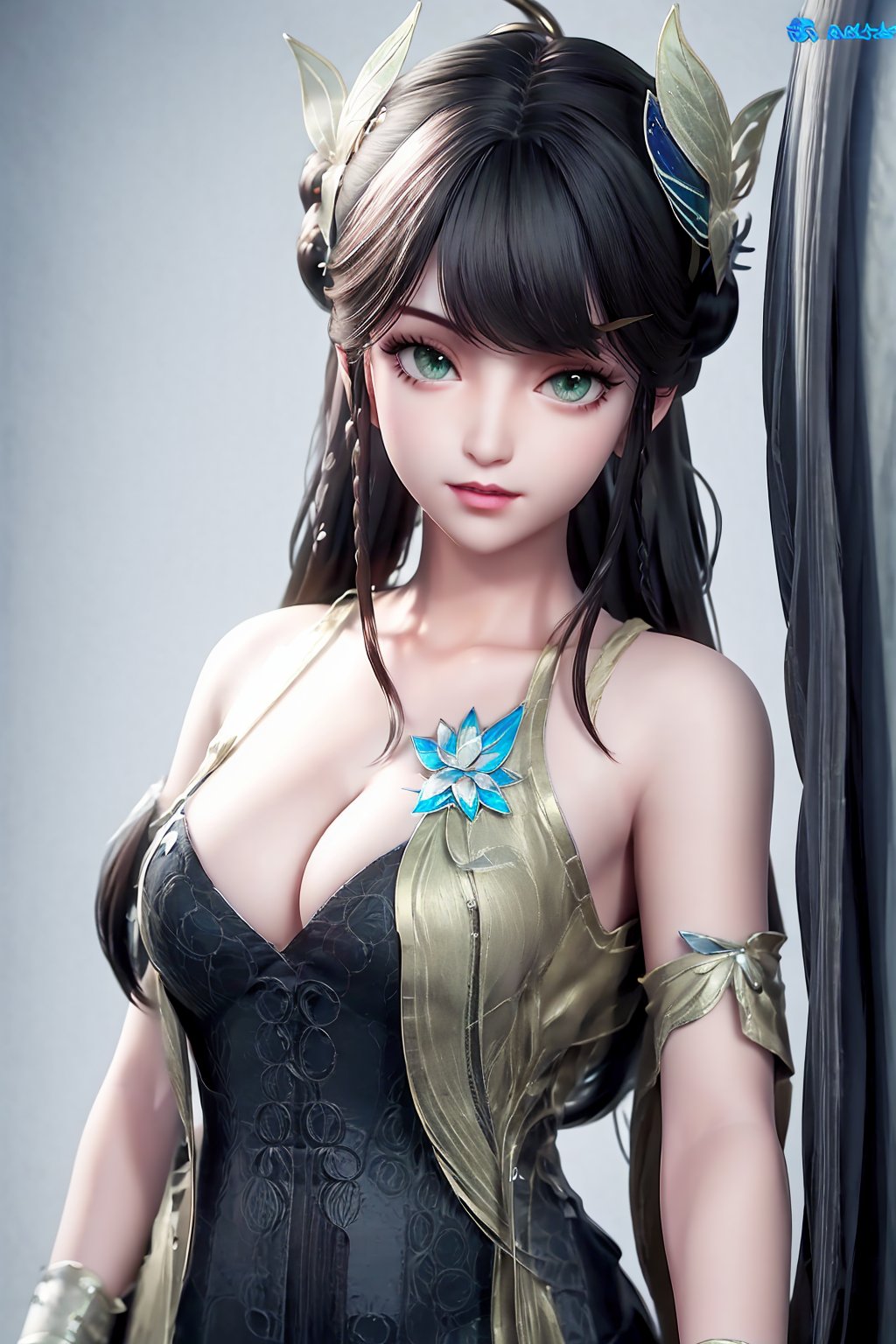 (8k, RAW photo, best quality, masterpiece:1.2),(realistic, photorealistic:1.3),ultra-detailed,extremely detailed cg 8k wallpaper,(crystalstexture skin:1.2),extremely delicate and beautiful,1girl,solo,green eyes,hair ornament,black hair,long hair,lips,white background,bangs,photo_\(medium\),(breasts, medium_breasts, cleavage),looking at viewer,standing,