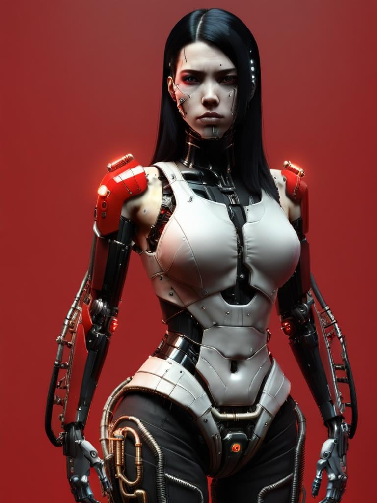 1girl, solo, looking_at_viewer, simple_background, black_hair, upper_body, red_background, science_fiction, android, cable, straight-on, cyborg, robot_joints, cyberpunk, mechanical_parts , <lora:Digital_Madness:0.75> 