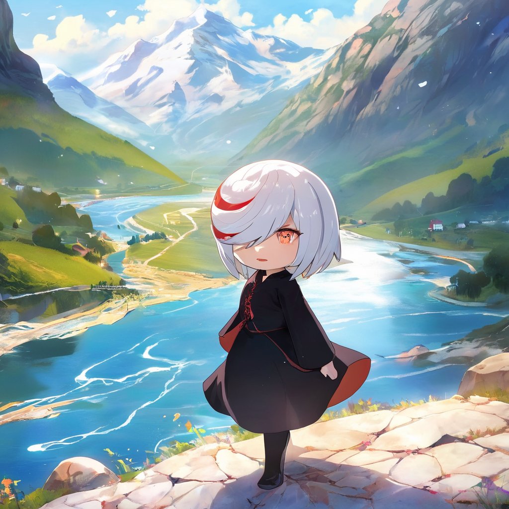 1girl, sageai, long sleeves, black dress, white hair, mountain, river <lora:SageAI-XL:0.7>