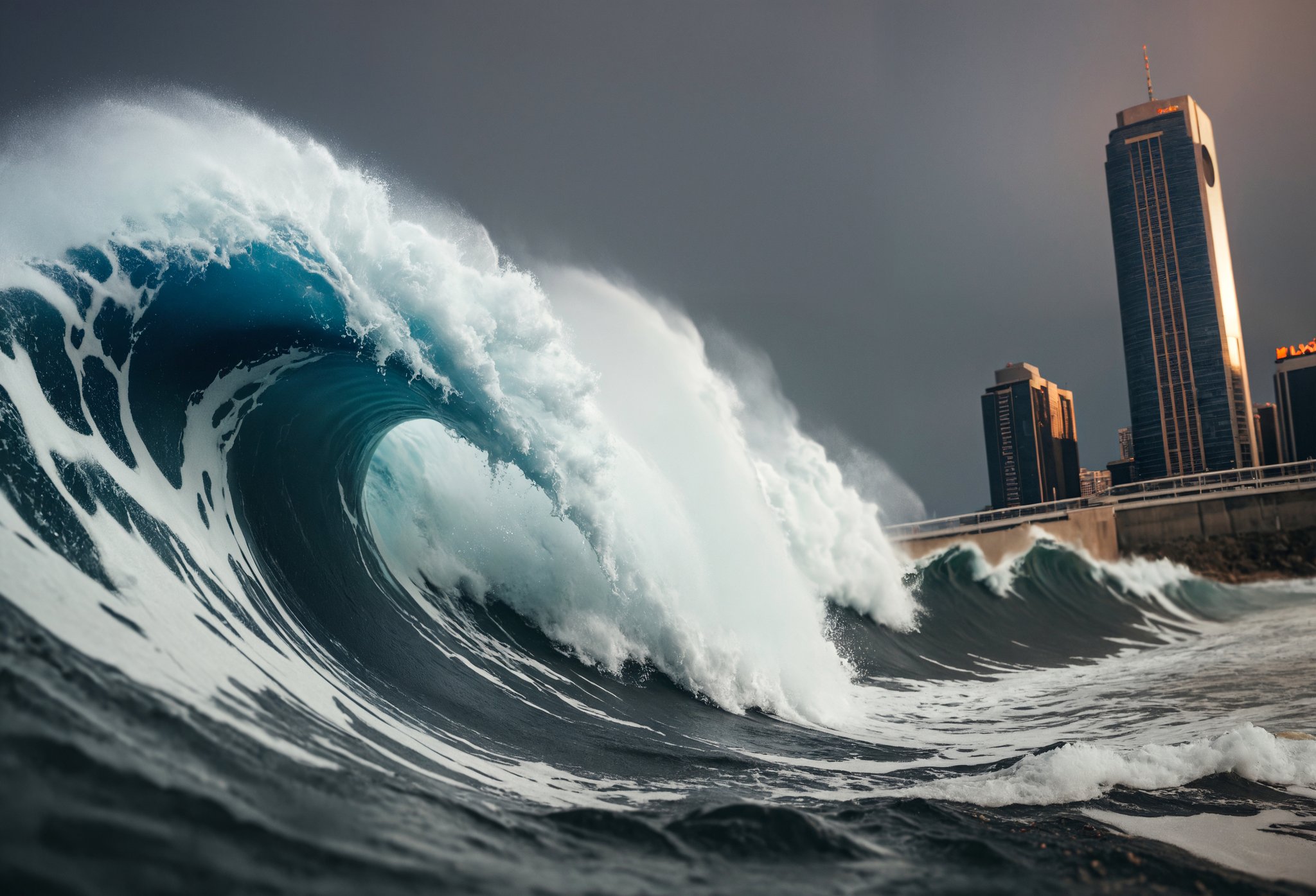 macro shot of a massive freak wave hitting a skyscraper at night, tsunami, (the great wave off kanagawa:0.7), zavy-dtchngl, tropical, golden hour, dawn, dynamic lighting, cinematic still, movie screencap,