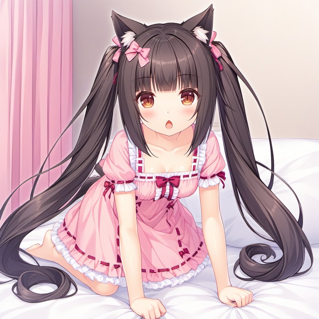 <lora:SDXL-Nekopara-Base-Lora-000002:0.75>,nekopara, Chocola_\(nekopara\), Nekopara_Chocola, 1girl, animal_ears, tail, cat_ears, cat_tail, long_hair, cat_girl, breasts, barefoot, solo, bangs, twintails, black_hair, pink_dress, looking_at_viewer, brown_eyes, bow, blunt_bangs, animal_ear_fluff, blush, indoors, dress, hair_bow, small_breasts, short_sleeves, pink_bow, very_long_hair, cleavage, slit_pupils, all_fours, frilled_dress, frills, puffy_short_sleeves, collarbone, paw_pose, puffy_sleeves, chestnut_mouth, pillow, ribbon_trim