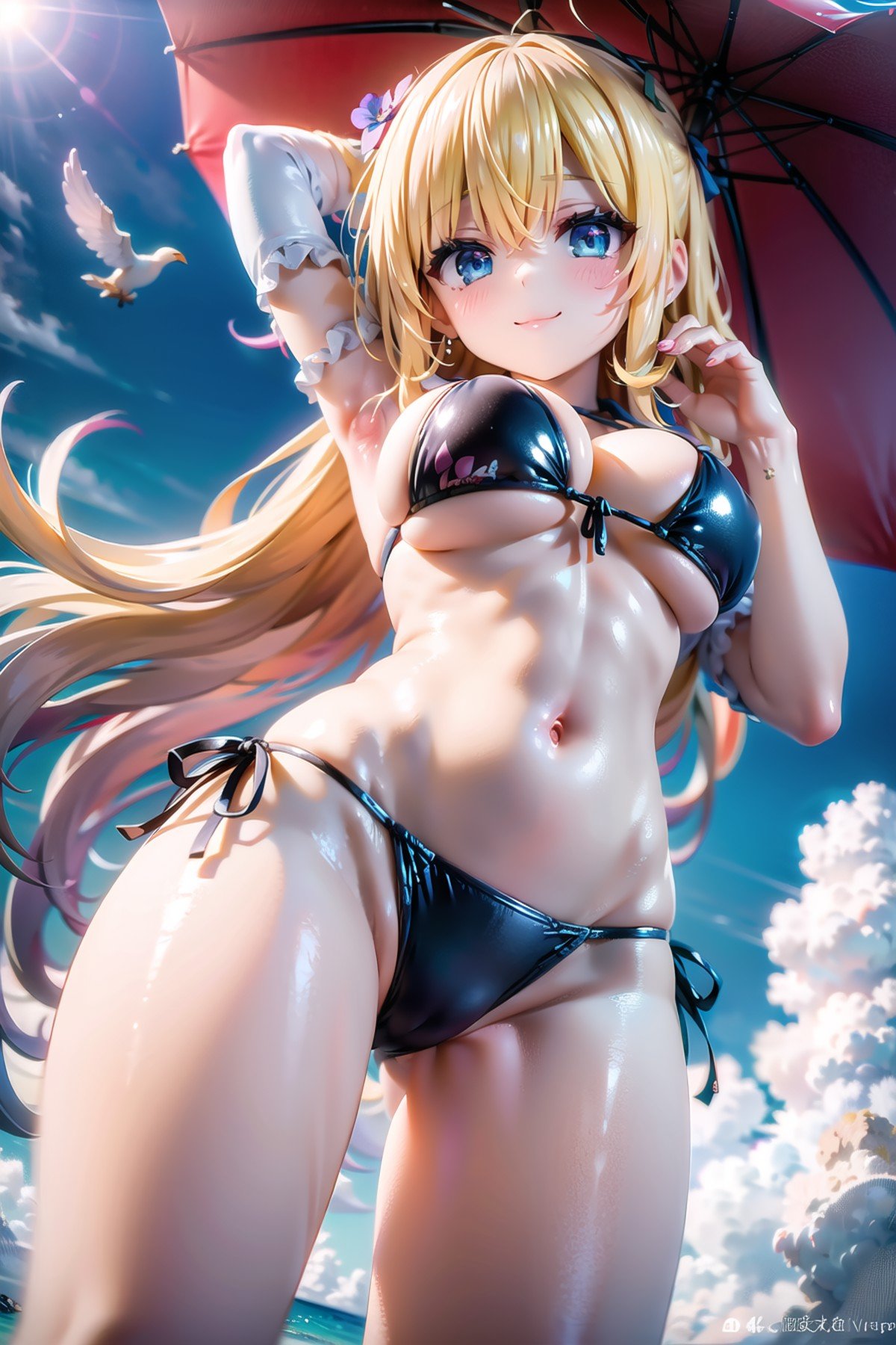 bikini beach sand cloud sky solar Early twenties,  (long straight hair),  blue eyes by miaomiao on Tensor.Art