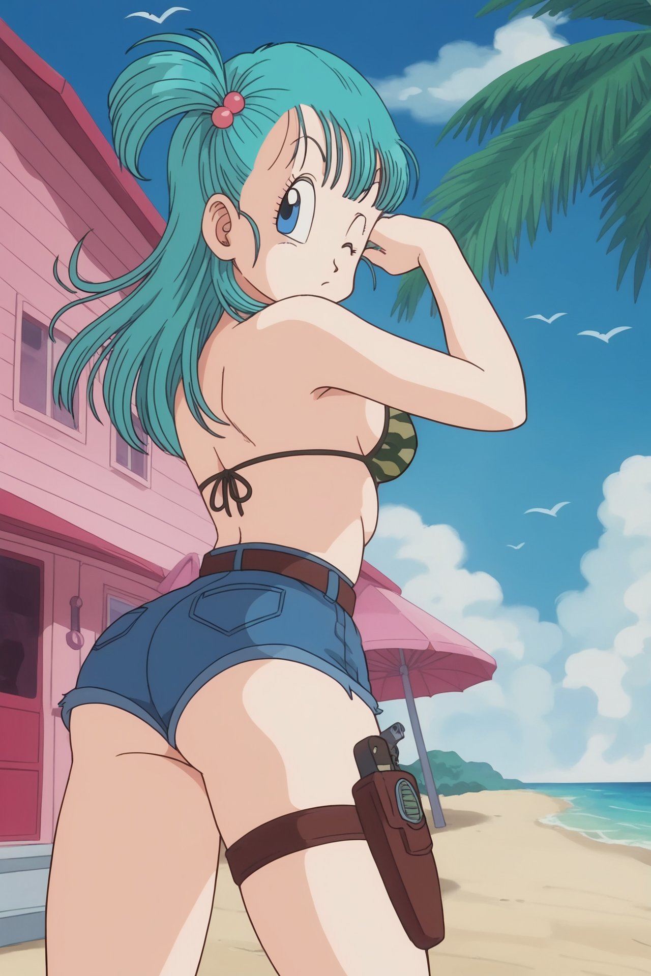 source_anime, score_9, score_8_up, score_7_up, anime screencap, bulma \(dragonball\), 1girl, bikini, solo, long hair, breasts, looking at viewer, blue eyes, hair ornament, medium breasts, splashes, ass, outdoors, arm up, one eye closed, sky, shorts, day, belt, looking back, cloud, water, from behind, blue sky, pink house, fingernails, wind, leg pouch, holstered pistol, leg holster, short shorts, aqua hair, sideboob, thigh strap, bird, umbrella, one side up, denim, building, bikini top only, denim shorts, palm tree, camouflage, from below, looking to the side, <lora:bulma_pony_v1:0.8>