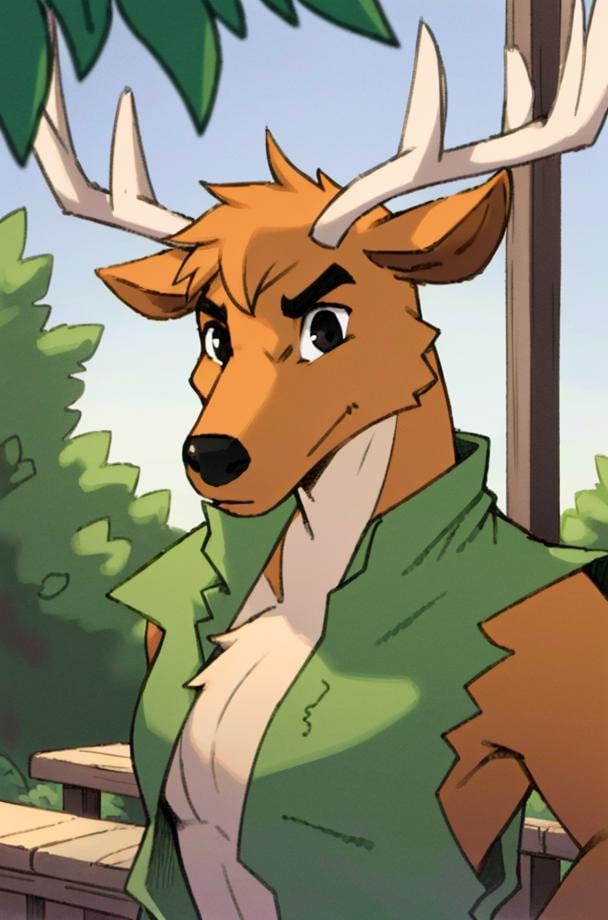 BamboCzar, (ripped sleeves, green open vest, chest tuft, antlers, deer ears, snout, black eyes), (masterpiece:1.2), hires, ultra-high resolution, 8K, high quality, (sharp focus:1.2), clean, crisp, cinematic, <lora:Bambo-20:0.65>