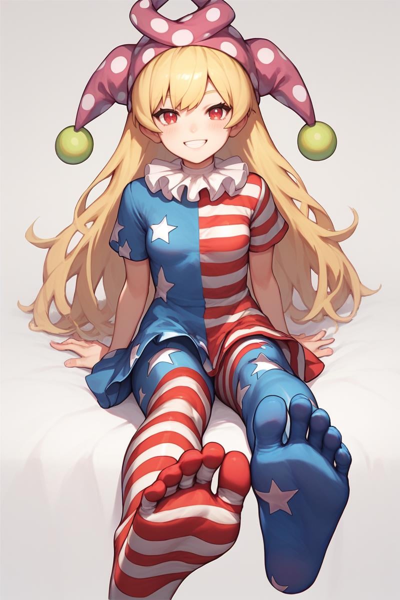 score_9, score_8_up, score_8, score_9, 1 girl,  source_anime, <lora:clownpiece_pony-10:1>, jester cap, neck ruff, blonde hair, american flag legwear, american flag dress, clownpiece, dress, leggings, red eyes, long hair, small breasts, short sleeves, smile, foot focus