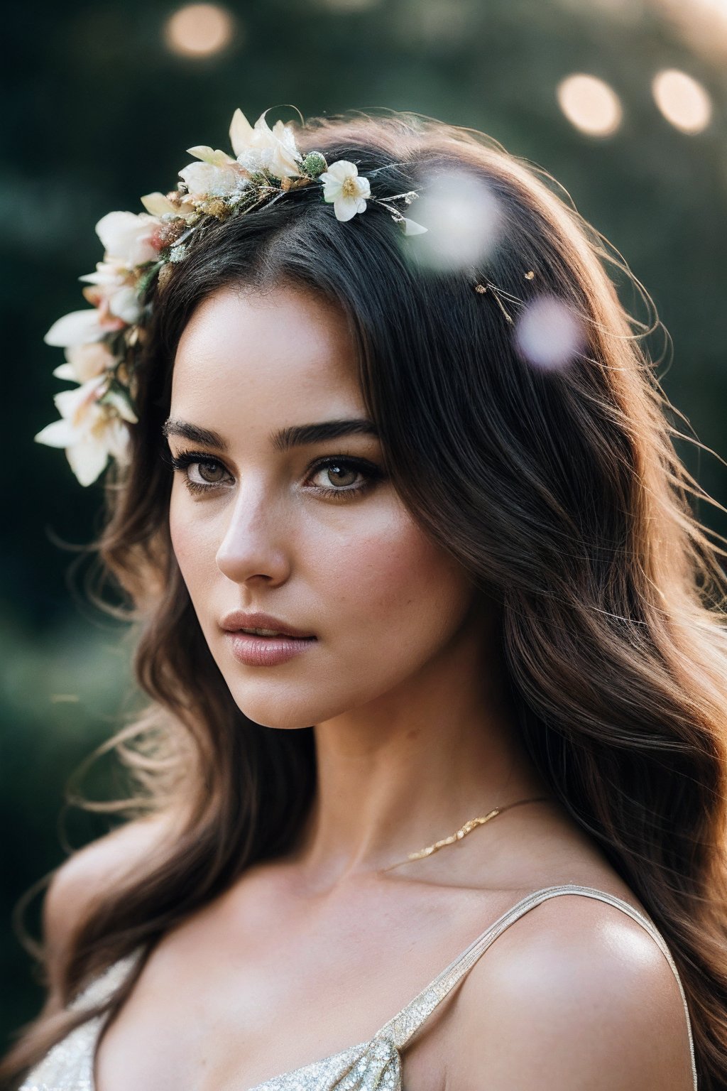 MonicaB_SoloTI_v1,  (Flowing draped gown adorned with shimmering jewels,  a golden laurel crown resting atop cascading cur...