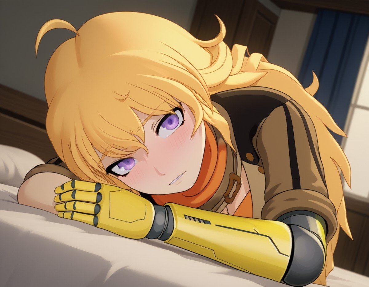 score_9, score_8_up, score_7_up, source_anime, <lora:yang-xiao-long-ponyxl-lora-nochekaiser:1>, yang xiao long, long hair, blonde hair, purple eyes, ahoge, bangs,, cleavage, jacket, belt, mechanical arms, single mechanical arm, prosthesis, prosthetic arm,, indoors, bed, bed room, on side, blush, drunk, looking at viewer, solo, cowboy shot, dutch angle