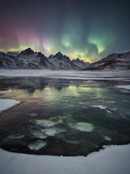 A breathtaking landscape photo of the Northern Lights dancing over a frozen lake in the Arctic, with the vivid colors reflected on the ice, capturing the awe-inspiring beauty of the natural world.