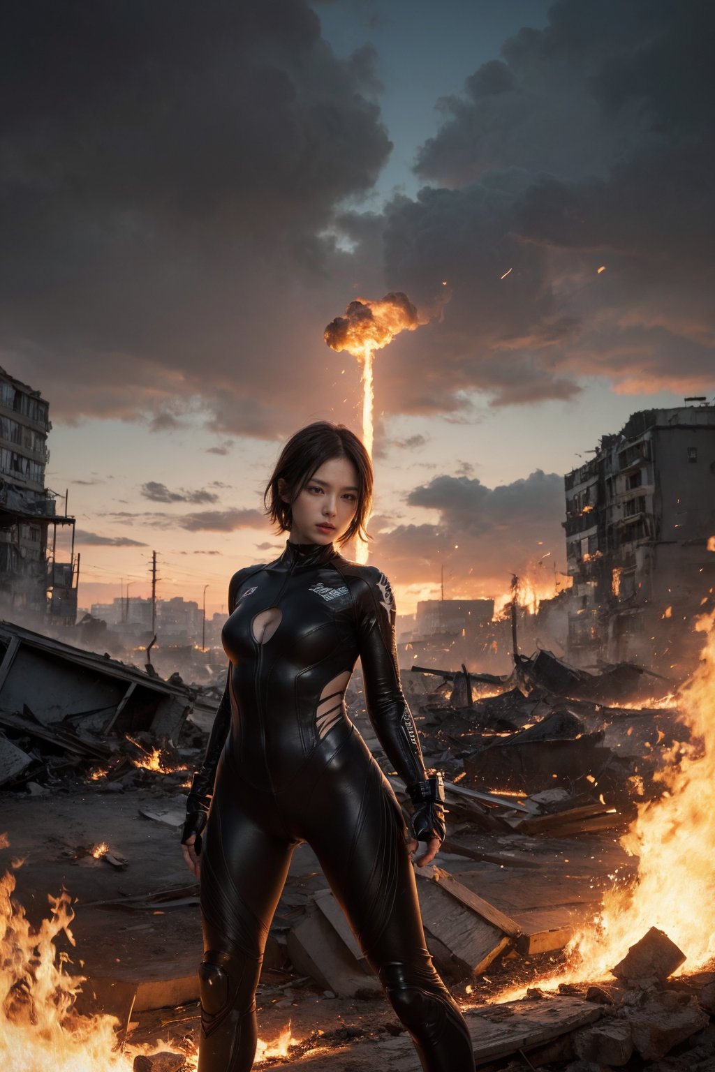 masterpiece, (best quality:1.2), [:intricate details:0.2], fighting , glowing eyes, short hair, torn tight supersuit, in a destroyed city, smoke and fire, glowing power aura, dynamic pose, dynamic view