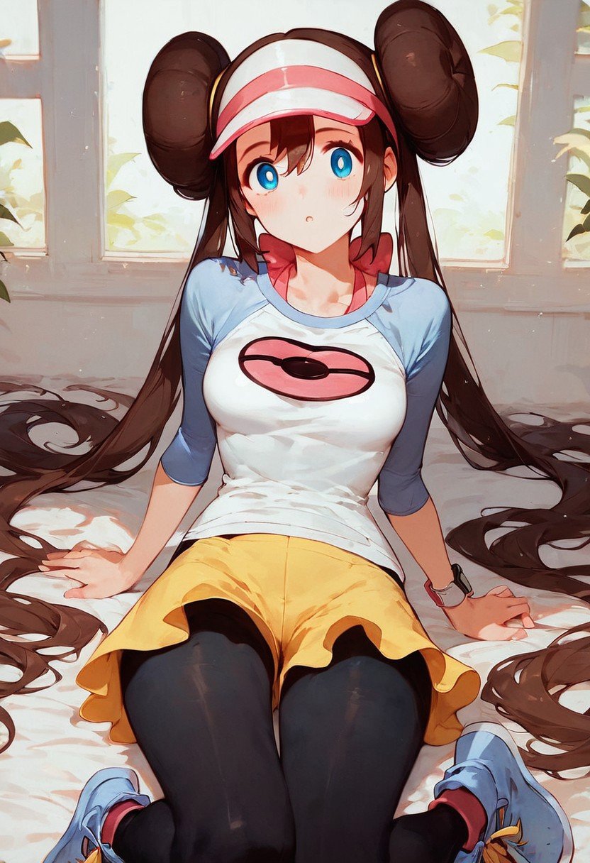 score_9, score_8_up, score_7_up, Expressiveh1girl, Rosa, \(Pokemon\),(ultra HD quality details), brown hair, very long hair, bangs, hair between eyes, twintails, hair bun, double bun, doughnut hair bun, blue eyes, visor cap, wristwatch on one arm,shirt, raglan sleeves, long sleeves, blue sleeves, pink bow, skirt, pantyhose, black pantyhose, pantyhose under shorts,  frilly flared shorts, mustard yellow shorts, shoes, sexy girl, emotionless face, small breasts, thick thighs, in a cafe, fit, looking at viewer, dark theme, low light,