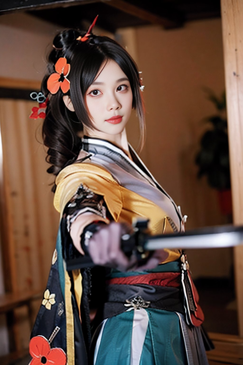 masterpiece,ultra high res,realistic,finely detail,extremely detailed,1girl, chiori \(genshin impact\), solo, looking at viewer, long hair, gloves, weapon, holding, sash, katana, hair flower, blurry, brown hair