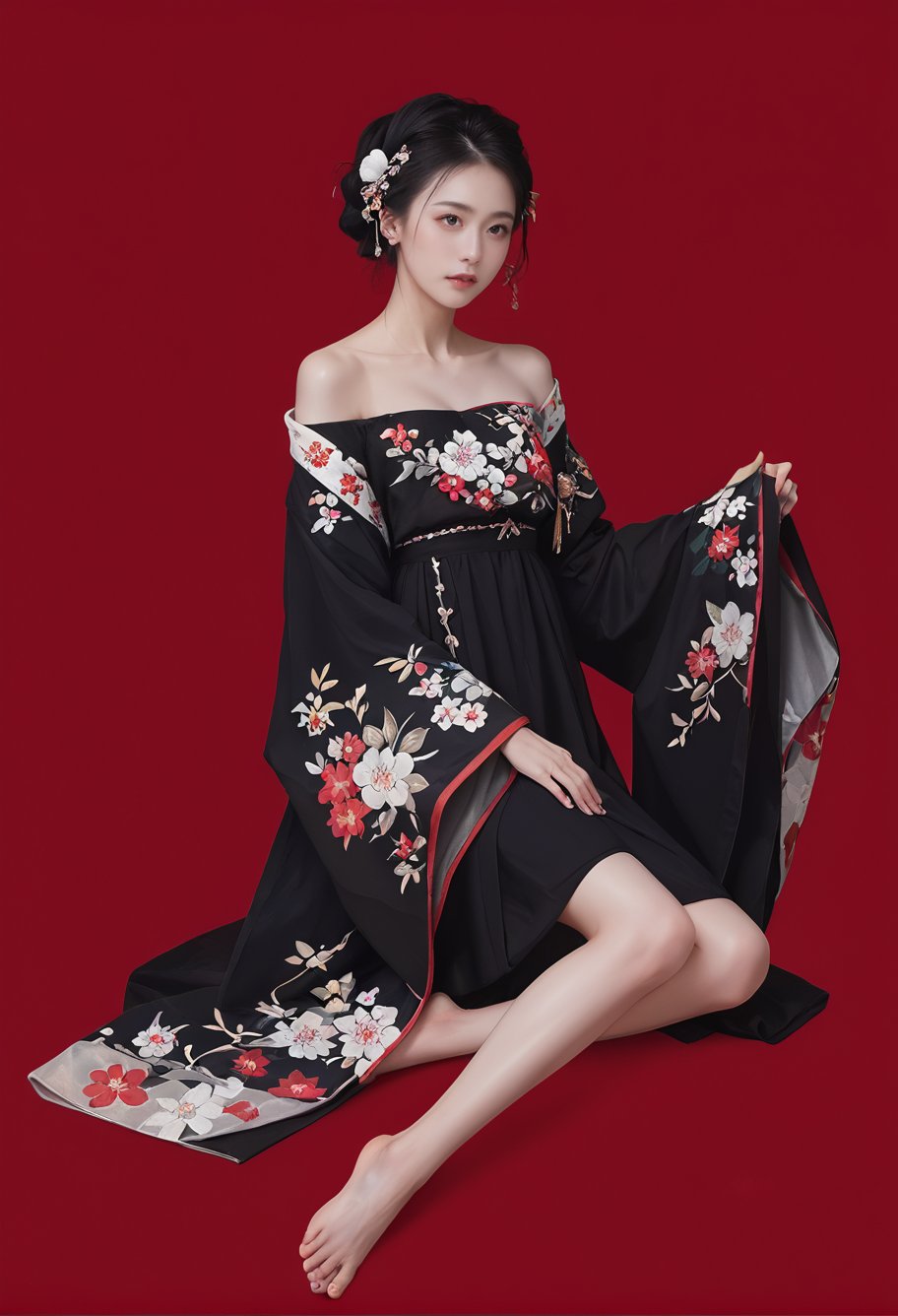 red background,1girl,solo,,ruanyi0766,floral print,hanfu,jewelry,off shoulder,wide sleeves,barefoot,strapless,black dress,<lora:0766 Northern and Southern Dynasties Hanfu_v1_pony:1>, score_9,score_8_up,score_7_up,,8k,1girl,solo,