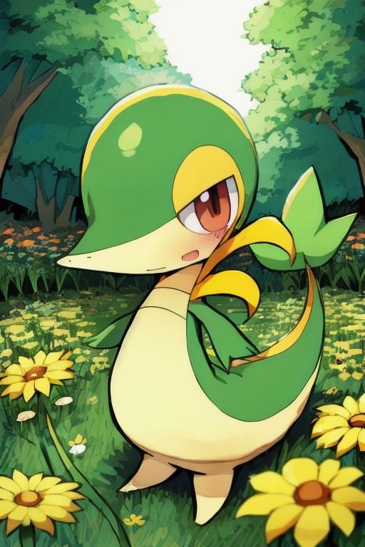 Snivy in a flower field, good lighting, dagasi art style