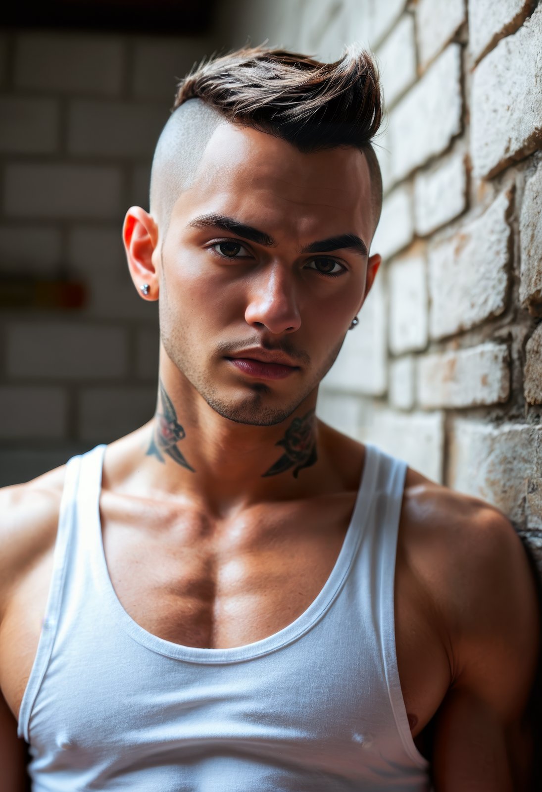 score_9, score_8_up, score_7_up, realistic lighting, photo, photorealistic,  Mexican gang member, mug shot, close-up portrait, male, tattoos on neck and chest, piercings on nose and lips, shaved head, serious expression, white tank top, standing against a plain white brick wall, realistic lighting, high detail, high contrast