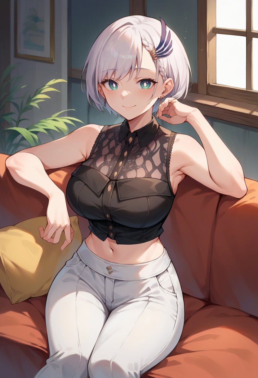 score_9, score_8_up, score_7_up, 1girl, solo, ReineCasual, bright pupils, short hair, feather hair ornament, earrings, black shirt, sleeveless, midriff, white pants, large breasts, smile, sitting, couch, indoors, <lora:PavoliaReinePDXL:1>