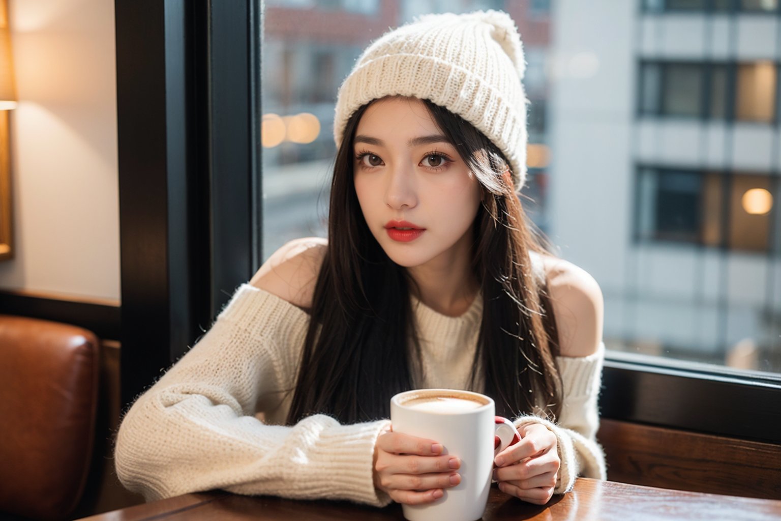 1 girl,solo,fine art photography,close up, black hair,Sitting at a table in a coffee shop,(Looking out of the window:1.2), A beige sweater, realistic,Long straight hair,A hat made of wool,indoor,bare shoulders,red lips,coffee cup, coffee,Volume lighting,Light and dark light