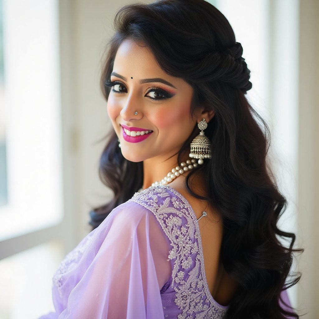 A beautiful South Asian woman,  likely in her late twenties,  gazes over her shoulder by user_697976561474829418 on Tensor...