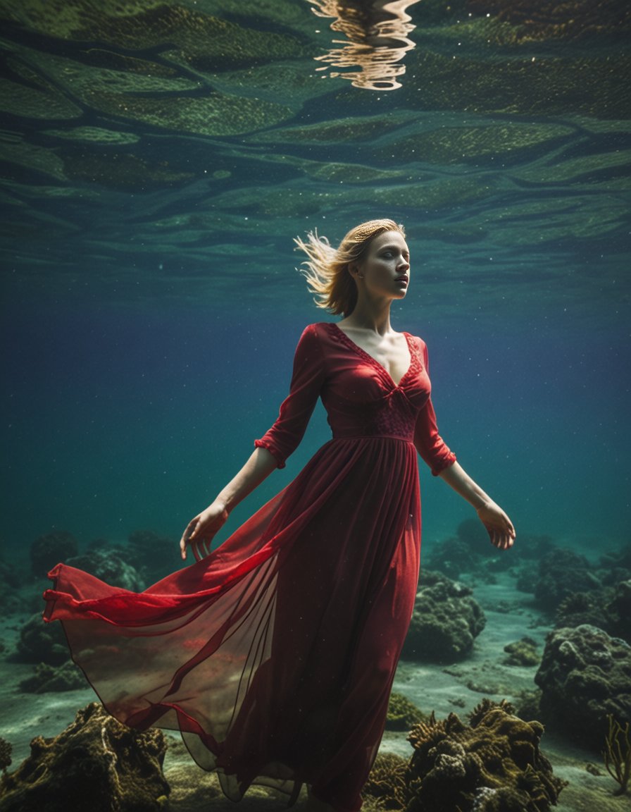 a blonde woman with a red dress diving underwater,  floating horizontelly underwater,  floating in the mass of water by El...