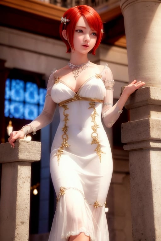 1girl, princess_elise, short hair, parted hair, red hair, blue eyes, hair ornament, necklace, white dress, long dress, half body, look at viewer <lora:princess_elise:0.6>