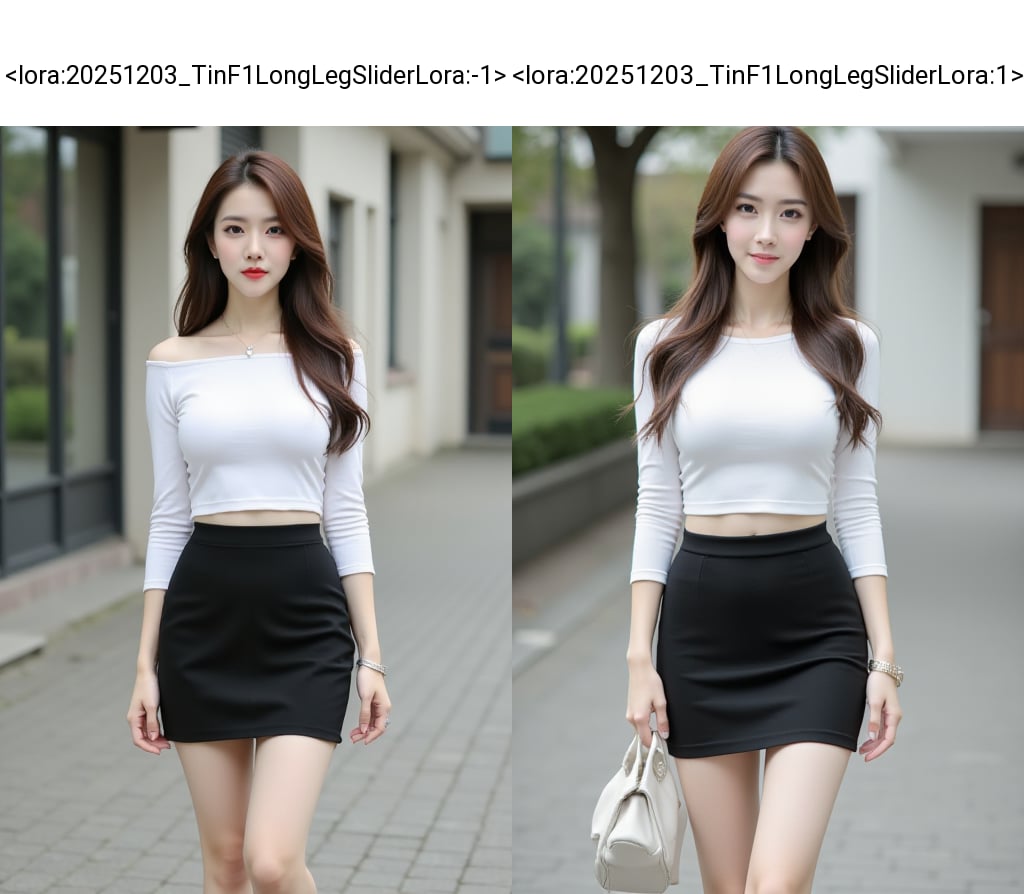 HDR photo of cinematic film still,  A young woman with long brown hair wearing a short white boatneck and black super shor...