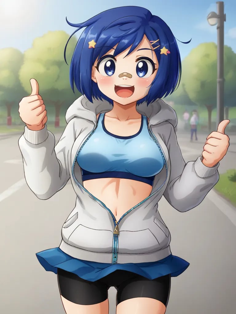 <lora:ohosinagisapony:0.8>1girl, solo, ohosinagisa, blue hair, short hair, hairclip, blue eyes, bandaid on nose, white jacket, hoodie, unzipped, open clothes, blue sports bra, blue skirt, bike shorts, outdoors, street, open mouth, smile, standing, thumbs up