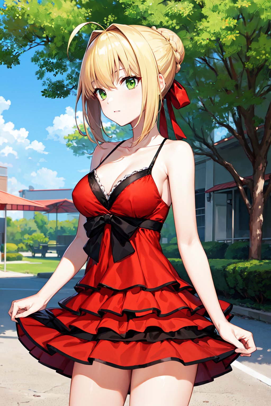 masterpiece, best quality, highres, aanero, ahoge, braid, single hair bun, hair ribbon, green eyes, medium breasts, collarbone, bare shoulders, dress swimsuit, sleeveless dress, short dress, layered dress, frilled dress, black bow, <lora:nero_claudius_(fate)_v1:0.7>, standing, cowboy shot, outdoors