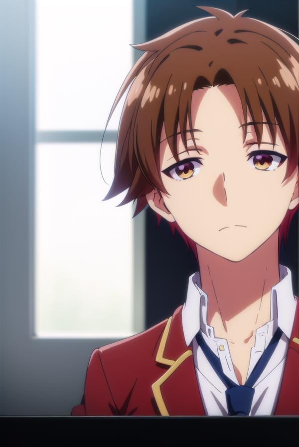 kiyotakaayanokouji, <lora:kiyotaka ayanokouji s2-lora-nochekaiser:1>,kiyotaka ayanokouji, brown hair, (brown eyes:1.5), male focus, (parted bangs:1.5), short hair,BREAK school uniform, jacket, necktie, blazer, blue necktie, shirt, white shirt, collared shirt, (red blazer:1.5),BREAK indoors, classroom,BREAK looking at viewer, (cowboy shot:1.5),BREAK <lyco:GoodHands-beta2:1>, (masterpiece:1.2), best quality, high resolution, unity 8k wallpaper, (illustration:0.8), (beautiful detailed eyes:1.6), extremely detailed face, perfect lighting, extremely detailed CG, (perfect hands, perfect anatomy),