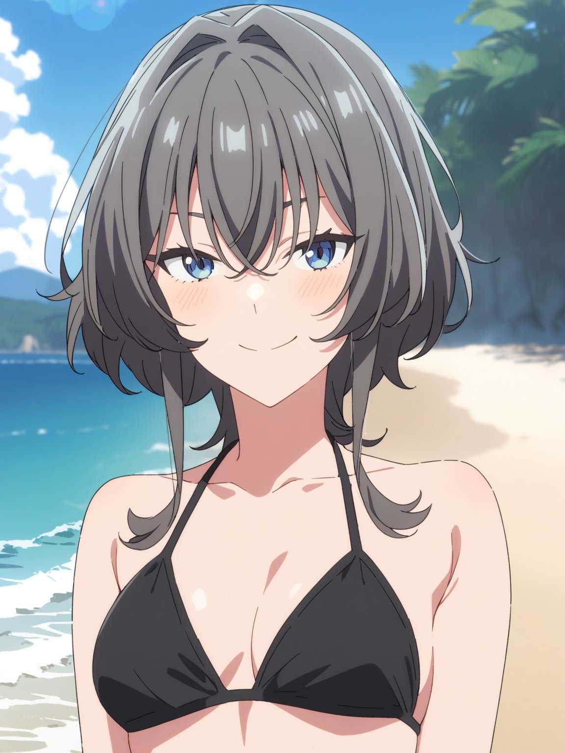 1girl, asanagi_yori, masterpiece, best quality, closed mouth, looking at viewer, bikini, smile, solo, upper body, beach, blue sky, ocean, lens flare abuse, <lora:asanagi_yori_v1-000004:0.8>