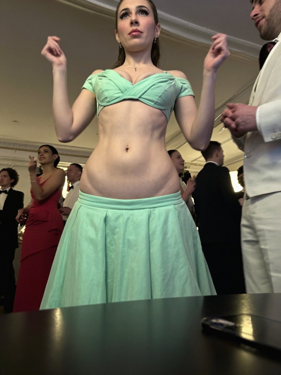 highly-detailed 4k hds candid amateur eye-level photo.A small peitite slim buxom woman is wearing a low_rise,  low-rise,...