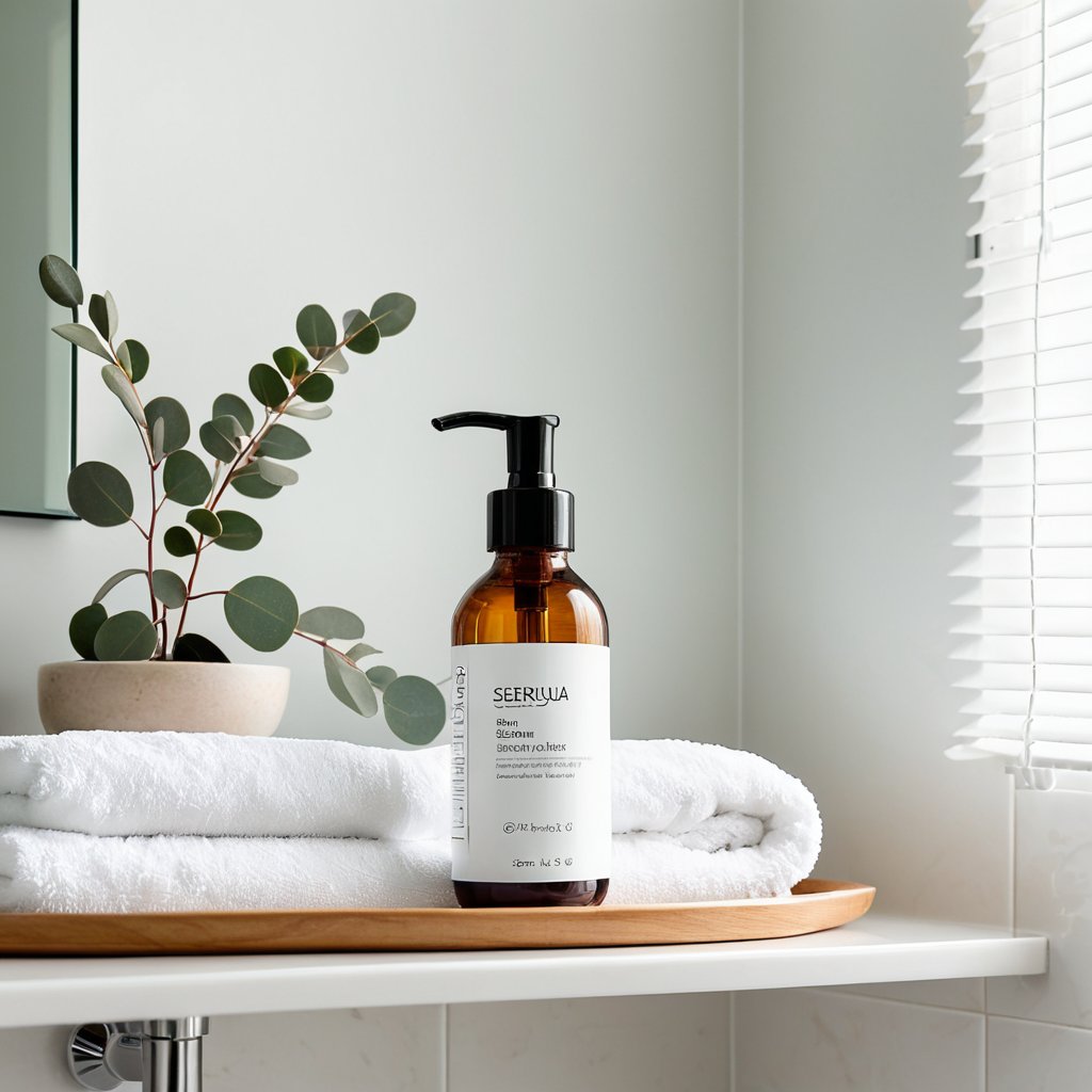 a skincare serum bottle on a clean bathroom shelf with soft towels and eucalyptus,  bright airy daylight,  fresh modern sp...