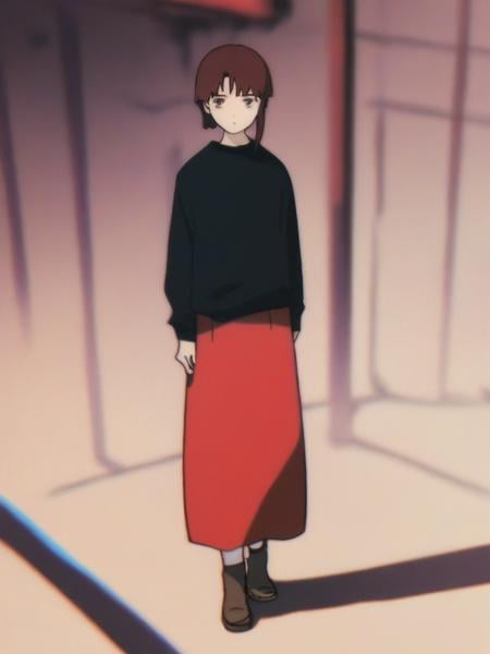 score_9, score_8_up, score_7_up, source_anime, rating_safe, uncensored, <lora:Lain_PonyXLv3:1> 1girl, Lain, solo, black shirt, red skirt, brown footwear, long skirt,